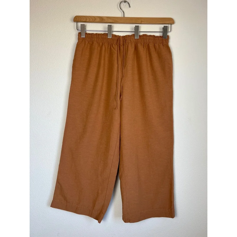 H&M Linen Blend Wide Leg Crop Pants XL Rust Brown Pull On Elastic Waist Coastal